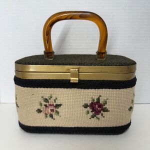 Vintage JR Florida Embroidered Floral Woven Box Purse Brown Lucite Handle 8”